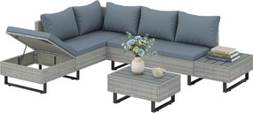 Outsunny Set Mobilier de Grădină 3 Piese din Ratan, Canapea Colțar în L cu Spătar Reglabil și Masă Imitatie Lemn, Gri | Aosom Romania