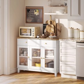 HOMCOM Bufet Bucătărie cu 2 Dulapuri și 2 Sertare, Uși din Sticlă Securizată Canelată, Bufet Sufragerie cu Rafturi Ajustabile, pentru Living sau Sufragerie, 100x35x80.3 cm, Alb și Stejar | Aosom Romania