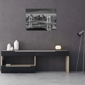 Tablou pe sticlă - Orașul mare cu turnul mov (70x50 cm)