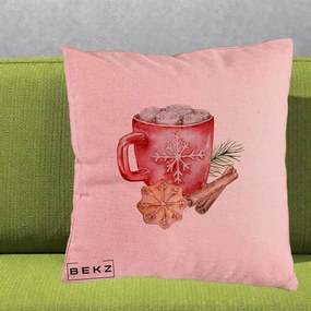 Perna Decorativa Cacao de Iarna cu Biscuit, 40x40 cm, Roz, Husa Detasabila, Perna Inclusa, BEKZ®