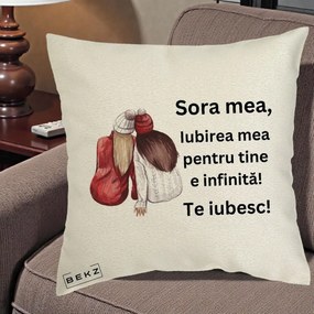 Cadou pentru Sora - Perna Personalizata Sora Mea Te Iubesc Doua Fete Iarna Acuarela, 40x40 cm, Ecru, Husa Detasabila, Perna Inclusa, BEKZ®