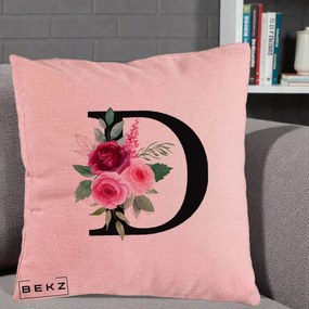 Cadou Personalizat - Perna Personalizata Monograma Florala Litera D, 40x40 cm, Roz, Husa Detasabila, Perna Inclusa, BEKZ®