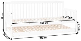 Pat extensibil pentru copii cu pat , alb, lemn masiv, PEDREZA