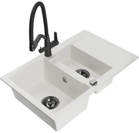 Mexen Gaspar Chiuvetă de granit de 1,5 compartiment cu picurător și baterie de bucătărie Duo, Albă - 6507-20-671701-70-B
