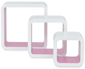 3 Rafturi de tip cub din MDF pentru carti DVD-uri, Alb-Roz 3, Roz