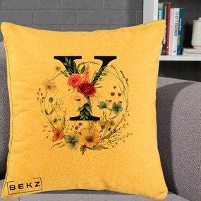 Cadou Personalizat - Perna Personalizata Monograma Florala Litera Y cu Coroana, 40x40 cm, Galben, Husa Detasabila, Perna Inclusa, BEKZ®