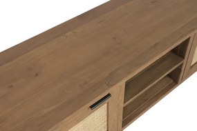 Comodă TV din lemn de tec reciclat, natur, 2 uși cu panouri din ratan împletit și nișe deschise cu raft central, 50 x 140 x 45 cm, „Dijon”