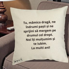 Cadou pentru Mama - Perna Personalizata Mamico Draga Te Iubim La Multi Ani cu Text Negru, 40x40 cm, Ecru, Husa Detasabila, Perna Inclusa, BEKZ®