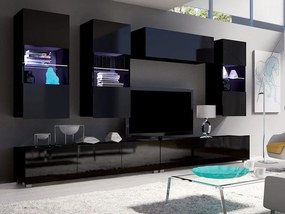 Mobilă pentru sufragerie Providence B109 Negru lucios, Negru, Părți separate, Cu comodă tv, Cu componente suplimentare, PAL laminat, 300x43cm, 130 kg