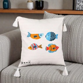 Perna Decorativa Pesti Acuarela, 40x40 cm, Bej cu Franjuri, Husa Detasabila, Perna Inclusa, BEKZ®