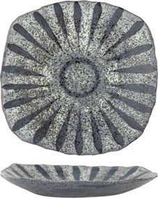 Platou de servire din ceramică, gri, model soare pictat manual, glazură reactivă, 6 x 32 cm, „Ramie”