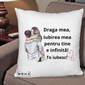 Cadou pentru Iubita - Perna Personalizata Draga Mea Iubirea Mea Infinita Te Iubesc cu Cuplu Acuarela, 40x40 cm, Alb Pufos, Husa Detasabila, Perna Inclusa, BEKZ®