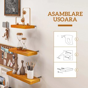 HOMCOM Set de 3 Rafturi de Perete din Lemn de Pin pentru Sufragerie, Dormitor si Studiou, 30/40/50x18x3.6cm, Maro | Aosom Romania