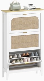 HOMCOM Dulap pentru încălțăminte 21 perechi boem cu 3 sertare rabatabile, uși cu efect cannage ratan, 80 x 24 x 131 cm, alb | Aosom Romania