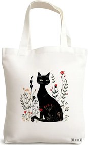 Sacosa de Panza pentru Cumparaturi, Geanta Tote, model Cat and Flowers 5, 38 x 34.5 cm, Alba, BEKZ®