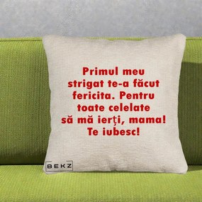 Cadou pentru Mama - Perna Personalizata Primul Strigat Mama, 40x40 cm, Bej Canapea, Husa Detasabila, Perna Inclusa, BEKZ®