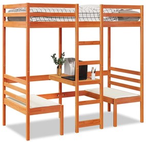vidaXL Cadru pat etajat birou/scaune, maro, 75x190 cm, lemn masiv pin