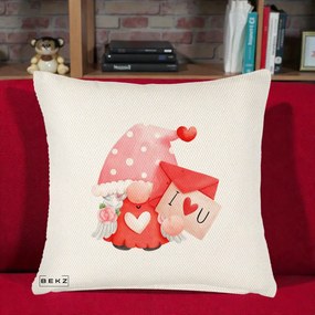 Cadou Romantic - Perna Personalizata I Love You Gnome Valentine cu Scrisoare, 40x40 cm, Crem Reliefat, Husa Detasabila, Perna Inclusa, BEKZ®