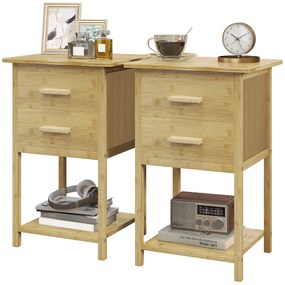 HOMCOM Noptiere, 2 piese, cu 2 Sertare și Poliță de Jos în Stil Nordic, Noptiere Moderne din Bambus, 40x34x60 cm, Lemn Natural | Aosom Romania