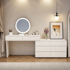 RESIGILAT- Set AUDREY ELEGANCE – Masă de Toaletă pentru Machiaj cu Oglindă iluminată LED, Control Touch, Comodă, Scaun, Alb