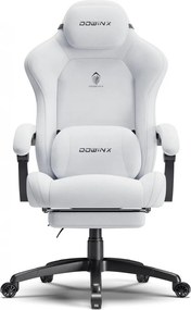 DOWINX – Scaun Gaming, Suport Lombar cu Masaj, Șezut cu Arcuri Metalice și Spumă, Rabatabil 90°-160°, Suport picioare, Rezistent 160 kg, Alb