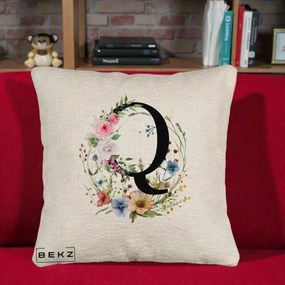 Cadou Personalizat - Perna Personalizata Monogram Litera Q cu Flori Acuarela, 40x40 cm, Bej Canapea, Husa Detasabila, Perna Inclusa, BEKZ®