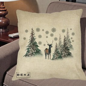 Perna Decorativa Ren in Padure Inzapezita, 40x40 cm, Crem, Husa Detasabila, Perna Inclusa, BEKZ®