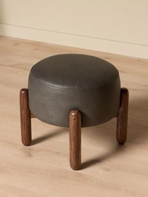 Taburet din piele naturală gri, cu cadru din lemn de acacia și mango, formă rotundă, finisaj natural, 43×56 cm, „Olga"