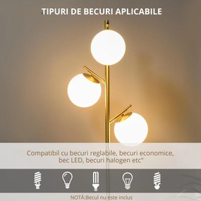 Homcom Lampă de Podea Modernă cu 3 Lumini, Design din Oțel și Sticlă, Ø27x169cm, Finisaj Auriu și Abajur Alb, pentru Interior | Aosom Romania