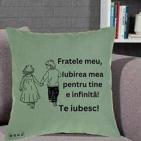 Cadou pentru Frate - Perna Personalizata Fratele Meu Te Iubesc Copii Tinand Maini Varianta 2, 40x40 cm, Verde, Husa Detasabila, Perna Inclusa, BEKZ®
