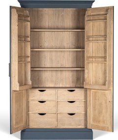 Dulap înalt bucătărie vintage din lemn de pin, albastru, cu 2 uși, 6 sertare, 4 rafturi și polițe pe uși, 220 x 120 x 57 cm, „Gustave”