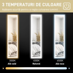 HOMCOM Oglindă Iluminată cu Lumini LED Reglabile și Buton Tactil, din Sticlă și MDF, 40x5x160 cm, Alb | Aosom Romania