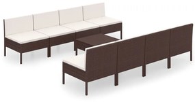 Set mobilier de gradina cu perne, 9 piese, maro, poliratan 8x mijloc + suport pentru picioare, 1