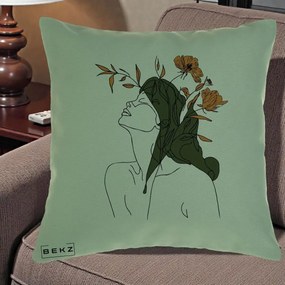 Perna Decorativa Portret Feminin Profil Flori Portocalii, 40x40 cm, Verde, Husa Detasabila, Perna Inclusa, BEKZ®