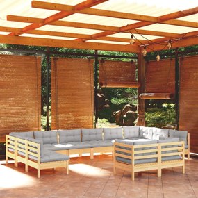 3097270 vidaXL Set mobilier grădină cu perne, 12 piese, gri, lemn masiv pin