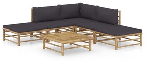 Set mobilier de gradina, 6 piese, perne gri inchis, bambus Morke gra, colt + 2x mijloc + 2x suport pentru picioare + masa, 1