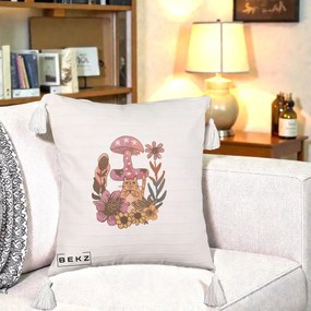Perna Decorativa Ciuperca Pisica Boho, 40x40 cm, Bej cu Franjuri, Husa Detasabila, Perna Inclusa, BEKZ®