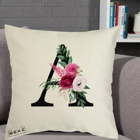 Cadou Personalizat - Perna Personalizata Monograma Florala Litera A, 40x40 cm, Ecru, Husa Detasabila, Perna Inclusa, BEKZ®