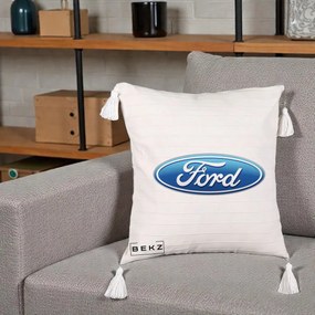 Perna Personalizata cu emblema Ford, 40x40 cm, Bej cu Franjuri, Husa Detasabila, Perna Inclusa, BEKZ®