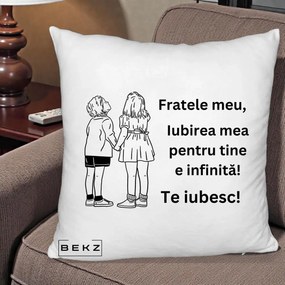 Cadou pentru Frate - Perna Personalizata Fratele Meu Te Iubesc Copii Tinand Maini Line Art, 40x40 cm, Alb Pufos, Husa Detasabila, Perna Inclusa, BEKZ®