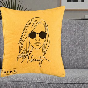 Perna Decorativa Beauty Girl Line Art, 40x40 cm, Galben, Husa Detasabila, Perna Inclusa, BEKZ®