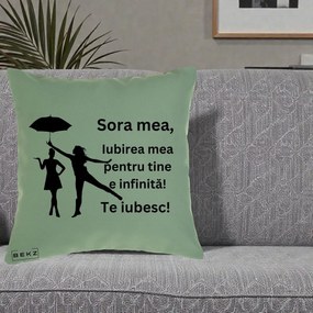 Cadou pentru Sora - Perna Personalizata Sora Mea Te Iubesc Siluete Negre cu Umbrela, 40x40 cm, Verde, Husa Detasabila, Perna Inclusa, BEKZ®