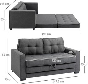 HOMCOM Canapea Extensibilă din Material Textil 2 Locuri cu Capitonaj și Arcuri, 151x75x85 cm, Gri | Aosom Romania