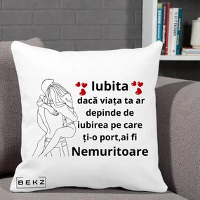 Cadou pentru Iubita - Perna Personalizata Iubita Nemuritoare cu Cuplu Line-Art si Inimi Rosii, 40x40 cm, Alba Mata, Husa Detasabila, Perna Inclusa, BEKZ®