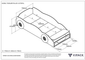 Pat Mașină de Poliție pentru Copii, 70x140 cm, Albastru (MDF) – Vipack