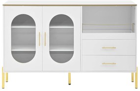 Comodă cu 2 sertare și 2 uși din sticlă, spațiu generos de depozitare, 140x38x90 cm, Alb