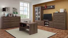 Camera de zi Stanton E127Întunecat santana stejar, Cu componente suplimentare, Părți separate, Cu comodă tv, Sticlă călită, PAL laminat, 287 kg