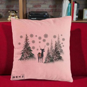 Perna Decorativa Ren in Padure Inzapezita, 40x40 cm, Roz, Husa Detasabila, Perna Inclusa, BEKZ®