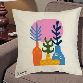 Perna Decorativa Vaze Botanice Abstract, 40x40 cm, Ecru, Husa Detasabila, Perna Inclusa, BEKZ®