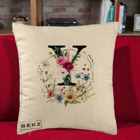 Cadou Personalizat - Perna Personalizata Monograma Florala Litera Y cu Coroana, 40x40 cm, Bej, Husa Detasabila, Perna Inclusa, BEKZ®